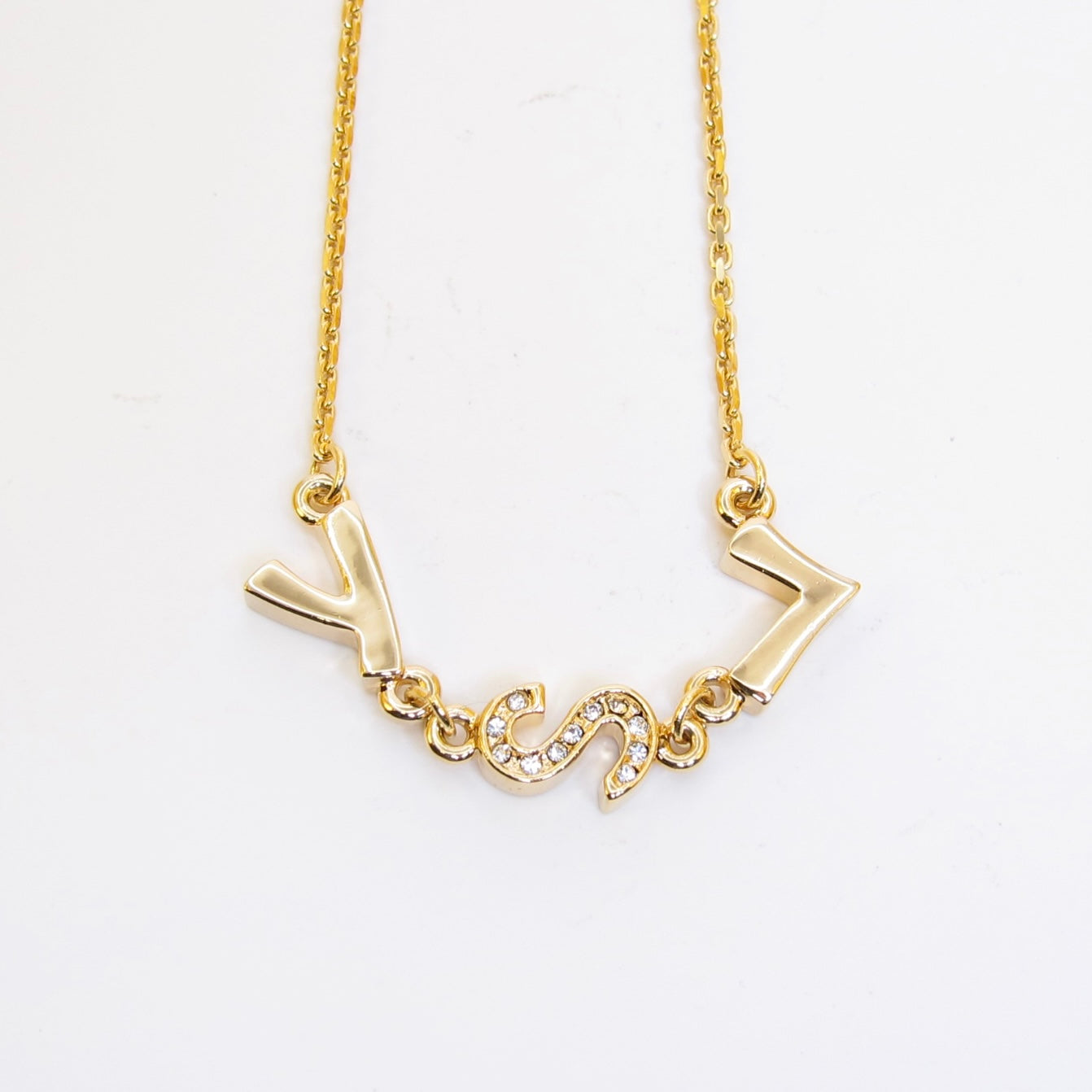 Yves Saint Laurent Vintage YSL Logo with Rhinestone Golden Necklace