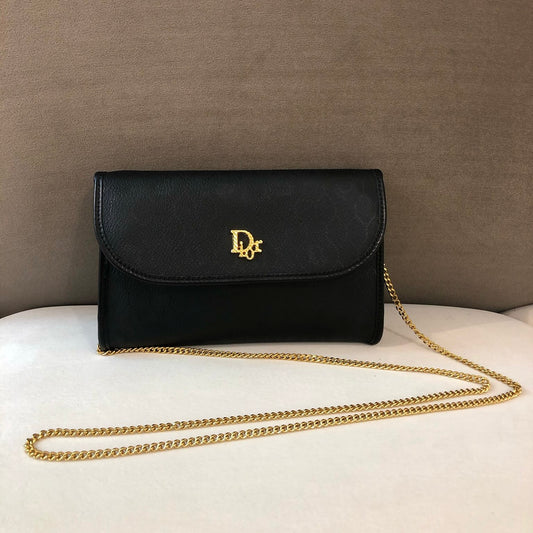 Christian Dior Vintage Golden Logo Honeycomb Monogram Leather Chain Shoulder Bag