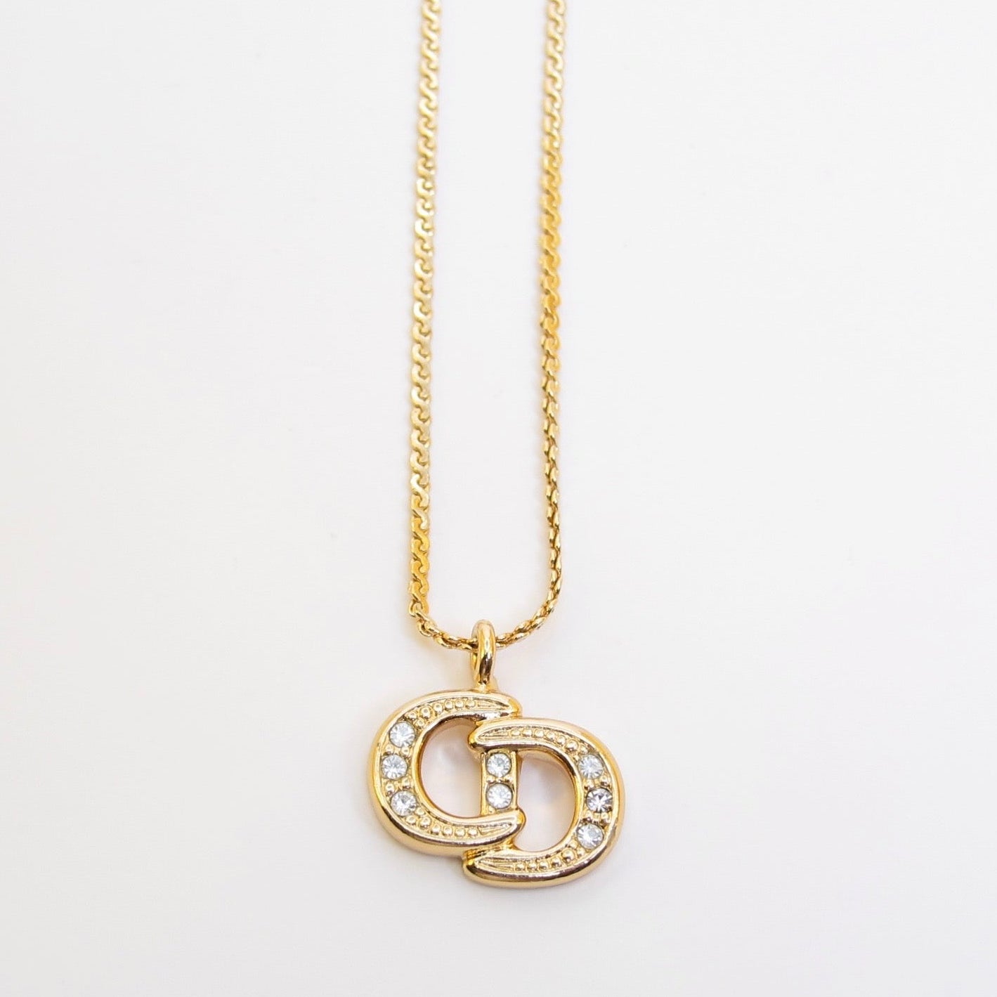 Christian Dior Vintage CD Logo with Rhinestone Golden Necklace