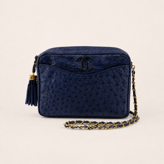 CHANEL vintage navy ostrich fringe chain shoulder bag front view