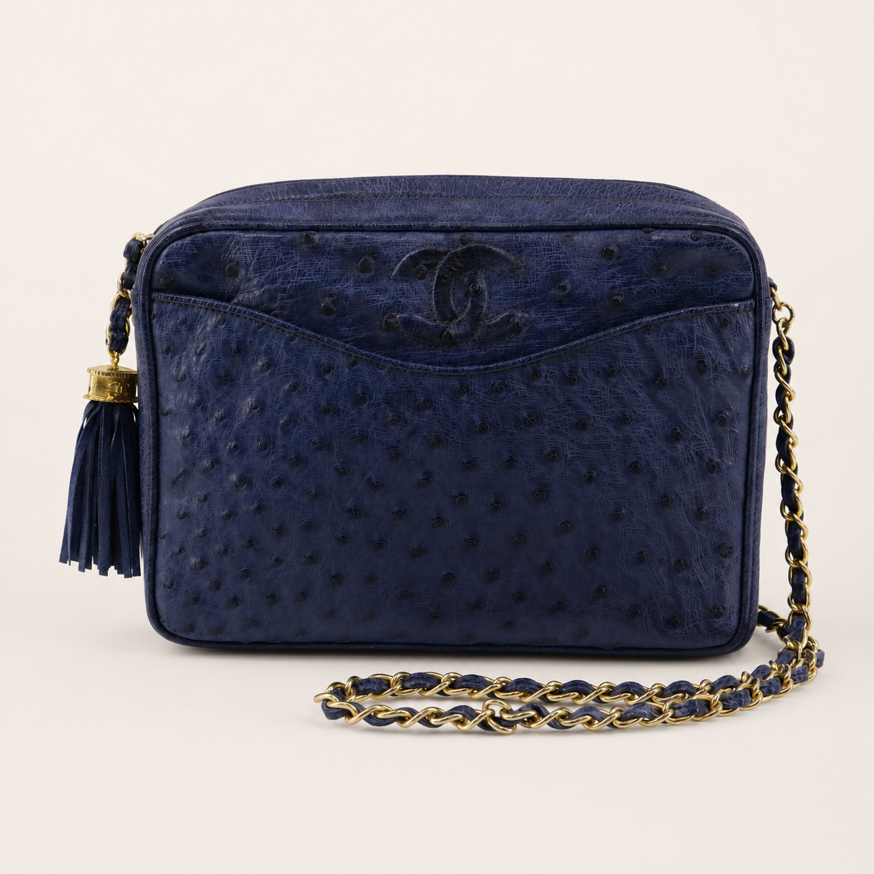 CHANEL vintage navy ostrich fringe chain shoulder bag front view