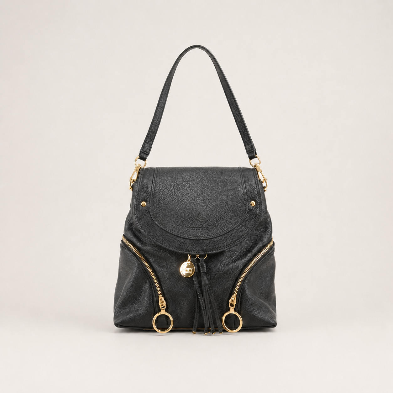 See by Chloé vintage black pebbled leather backpack front view
