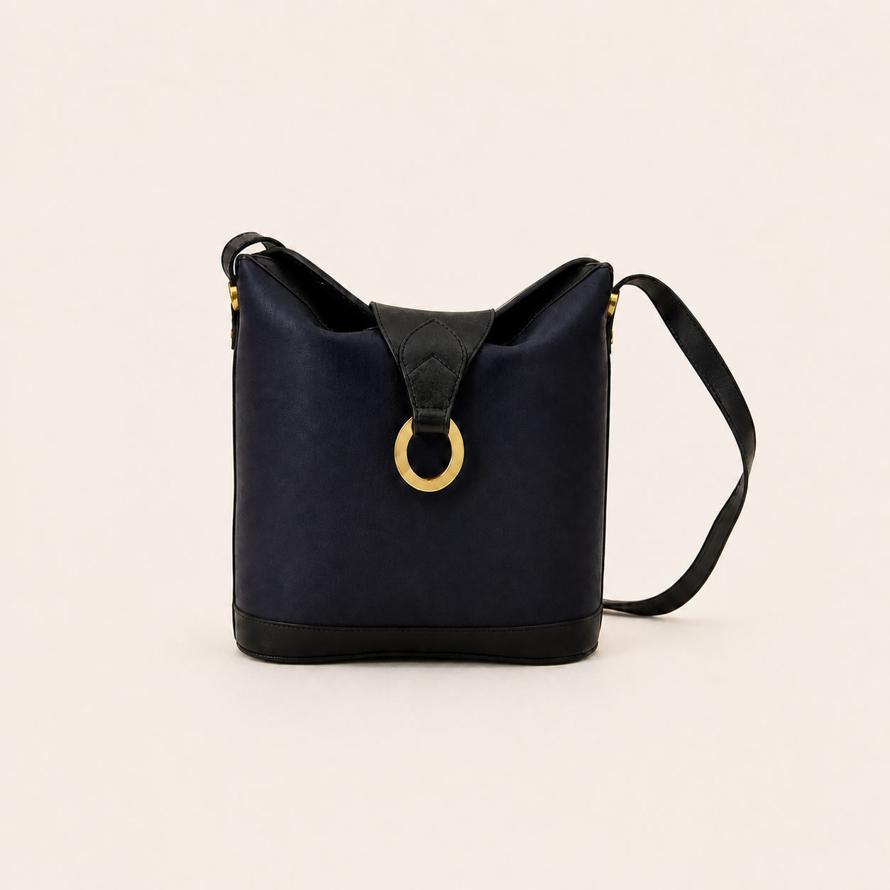 Christian Dior vintage navy and black shoulder bag with gold-tone ring, front view