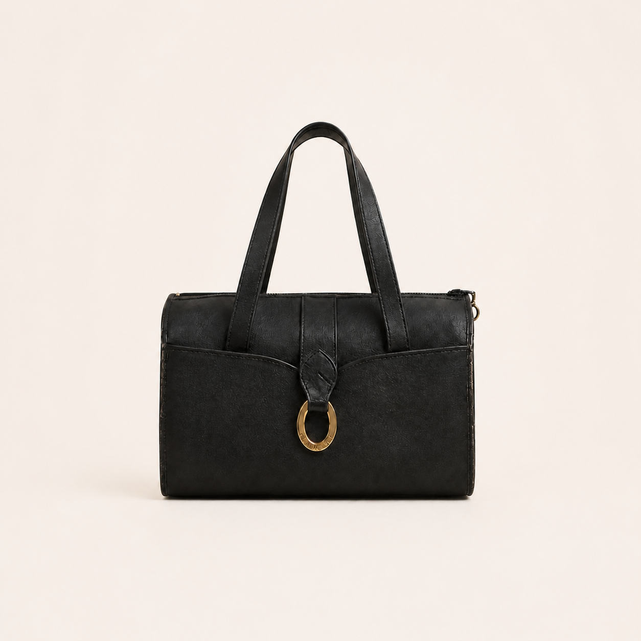 Christian Dior vintage black PVC and leather Boston bag with gold-tone ring, front view