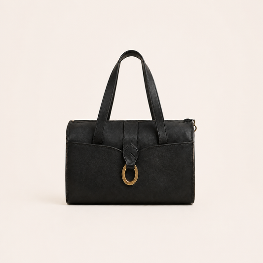 Christian Dior vintage black PVC and leather Boston bag with gold-tone ring, front view