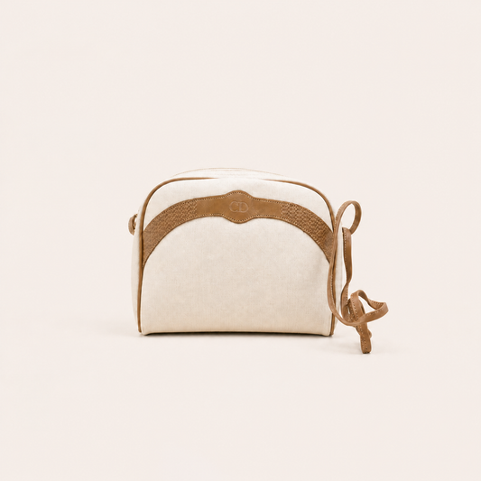Christian Dior vintage ivory canvas and tan leather shoulder bag, front view