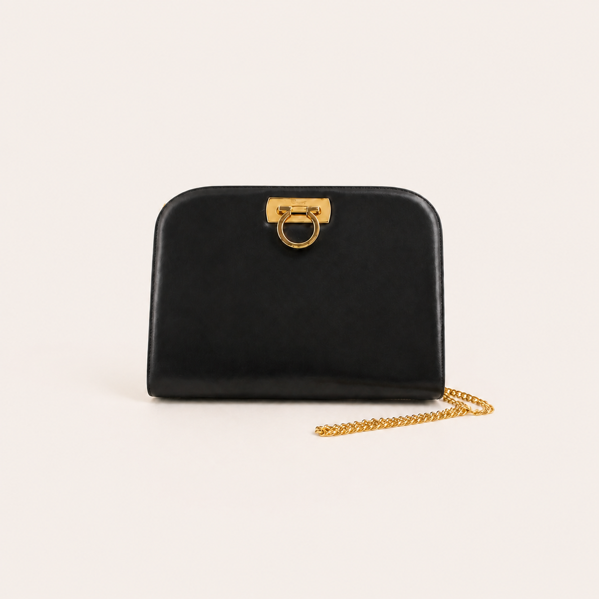 Vintage Ferragamo black leather Gancini shoulder bag with gold chain
