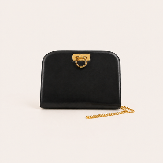 Vintage Ferragamo black leather Gancini shoulder bag with gold chain