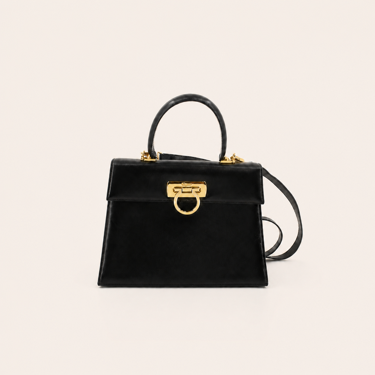Vintage Ferragamo black leather Gancini two-way top handle bag