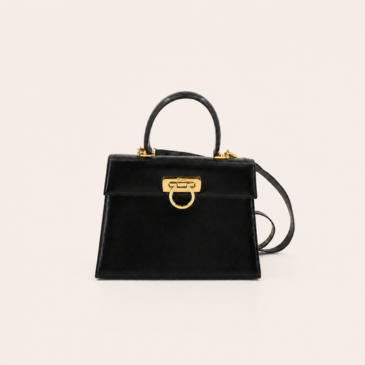 Vintage Ferragamo black leather Gancini two-way top handle bag