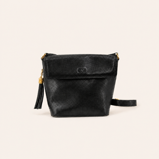 Vintage Valentino Garavani black leather tassel shoulder bag