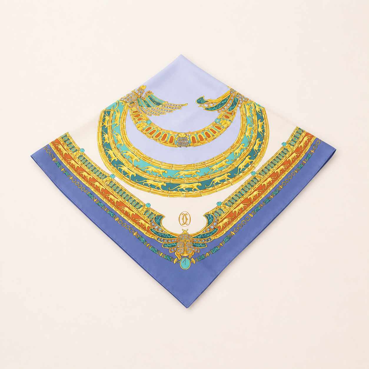 Cartier vintage blue gold silk scarf with jewellery-inspired Egyptian motif, approximately 85 cm square
