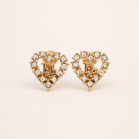 Christian Dior vintage gold-tone heart crystal CD logo clip-on earrings