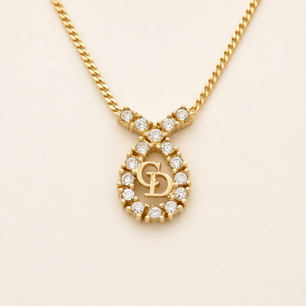 Christian Dior vintage gold-tone crystal teardrop CD logo necklace, approximately 44 cm