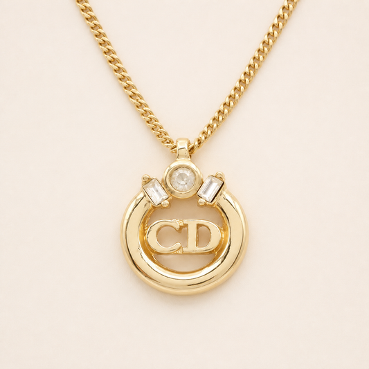 Christian Dior vintage gold-tone circular CD logo crystal necklace