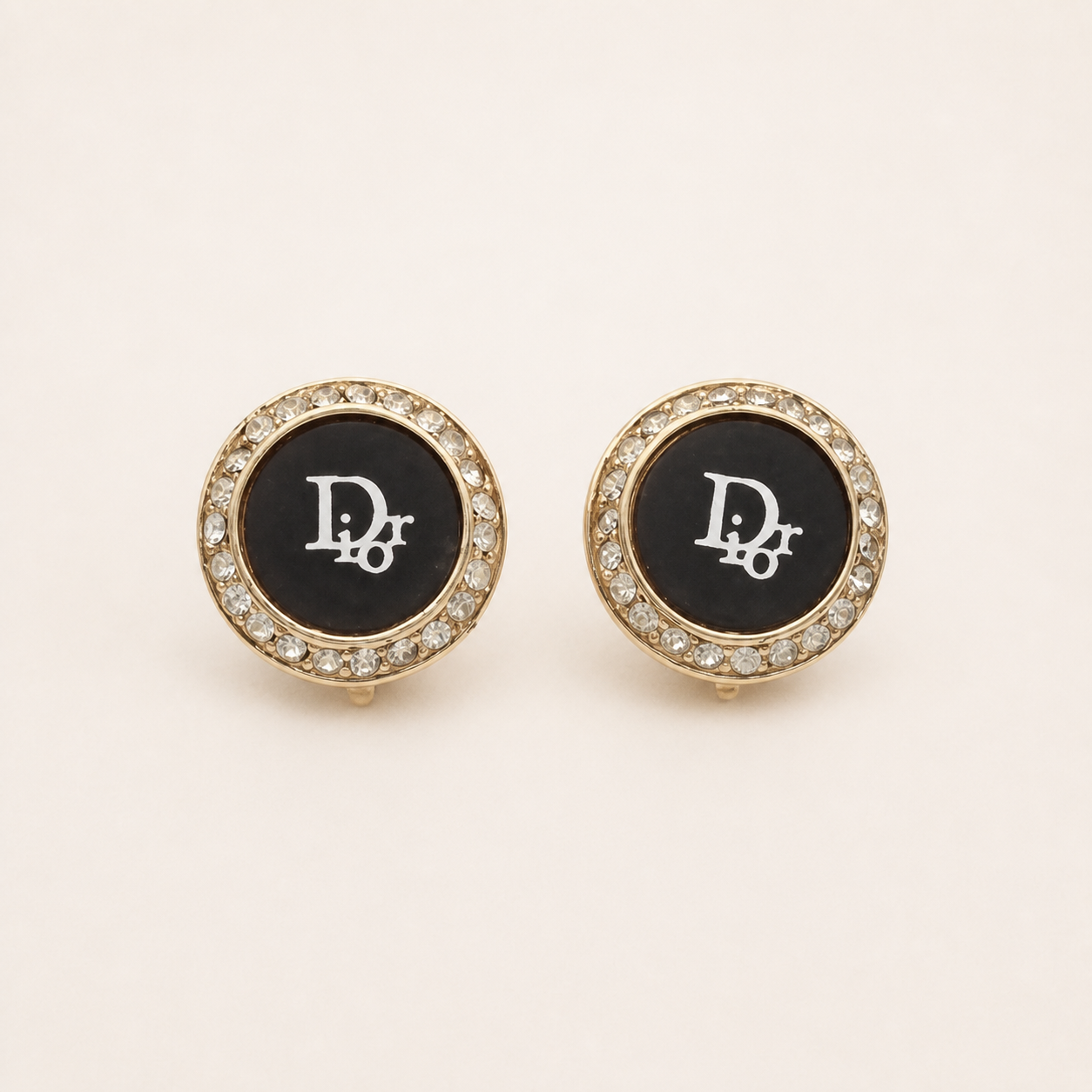 Christian Dior Vintage Black Enamel Crystal Logo Clip-On Earrings