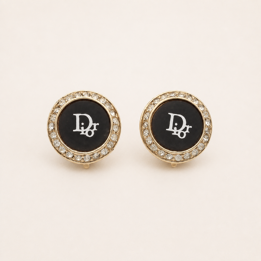 Christian Dior Vintage Black Enamel Crystal Logo Clip-On Earrings