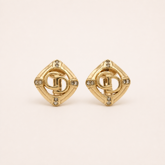 Christian Dior Vintage Geometric CD Crystal Clip-On Earrings