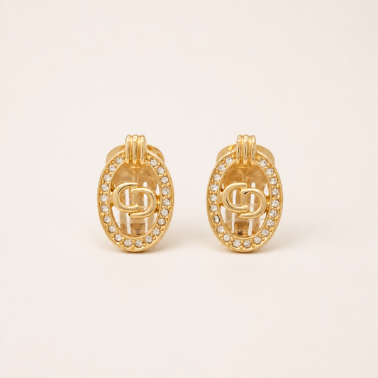 Christian Dior oval CD clip earrings with clear rhinestones