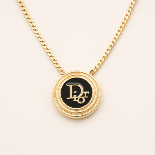 Christian Dior black logo medallion necklace in gold-tone metal