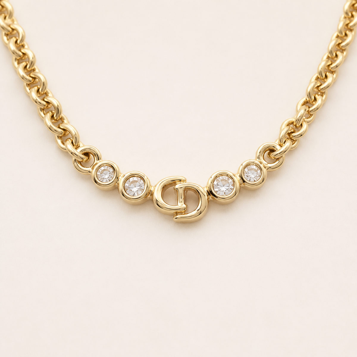 Christian Dior crystal-set CD chain necklace in gold-tone metal