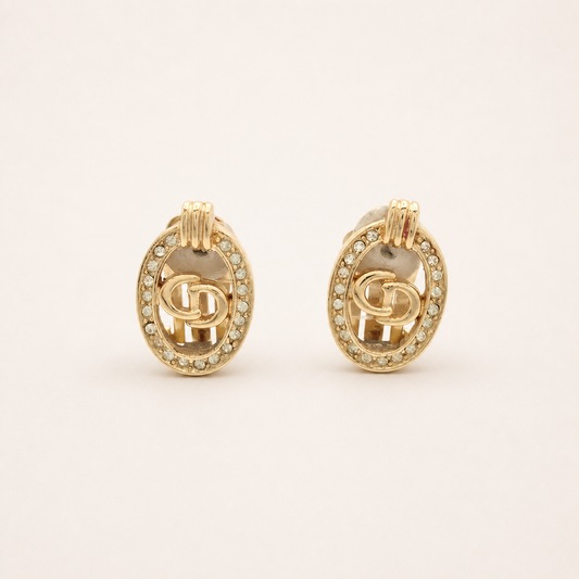 Christian Dior oval rhinestone CD clip earrings in gold-tone metal