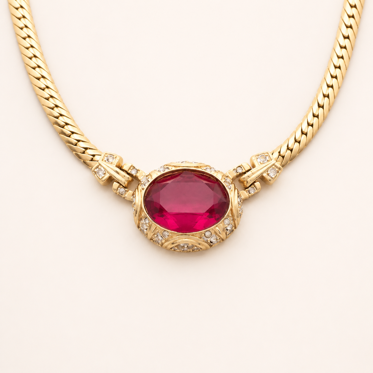 Vintage Nina Ricci gold-tone necklace with vivid pink oval centerpiece