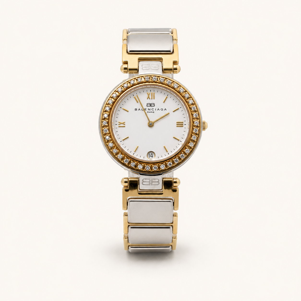 Vintage Balenciaga two-tone crystal bezel ladies watch, front view