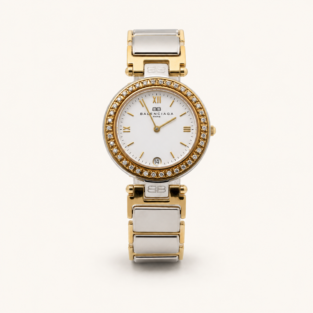 Vintage Balenciaga two-tone crystal bezel ladies watch, front view