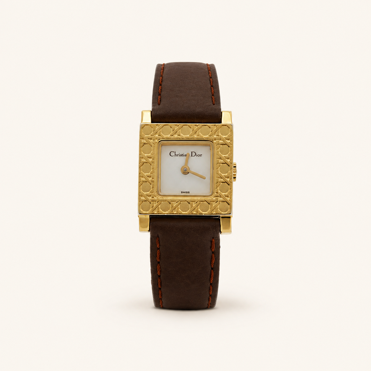 Christian Dior vintage La Parisienne D60-159 gold-tone watch with brown leather strap, front view