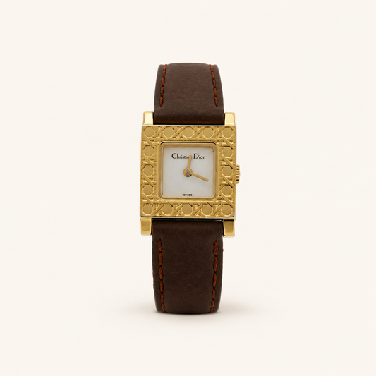 Christian Dior vintage La Parisienne D60-159 gold-tone watch with brown leather strap, front view
