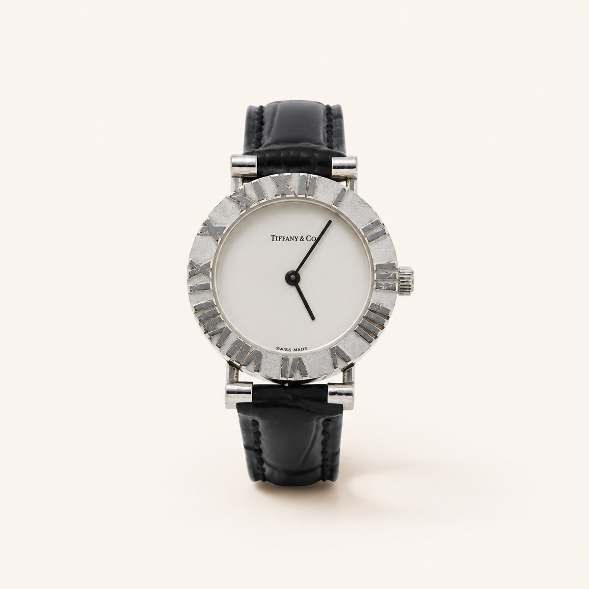Tiffany and Co vintage Atlas L0640 925 sterling silver watch with black leather strap, front view