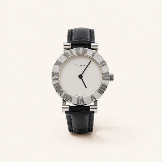 Tiffany and Co vintage Atlas L0640 925 sterling silver watch with black leather strap, front view
