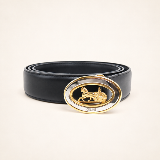 Celine Vintage Two-Tone Sulky Carriage Buckle Black Leather Belt – Diorella vintage product cover