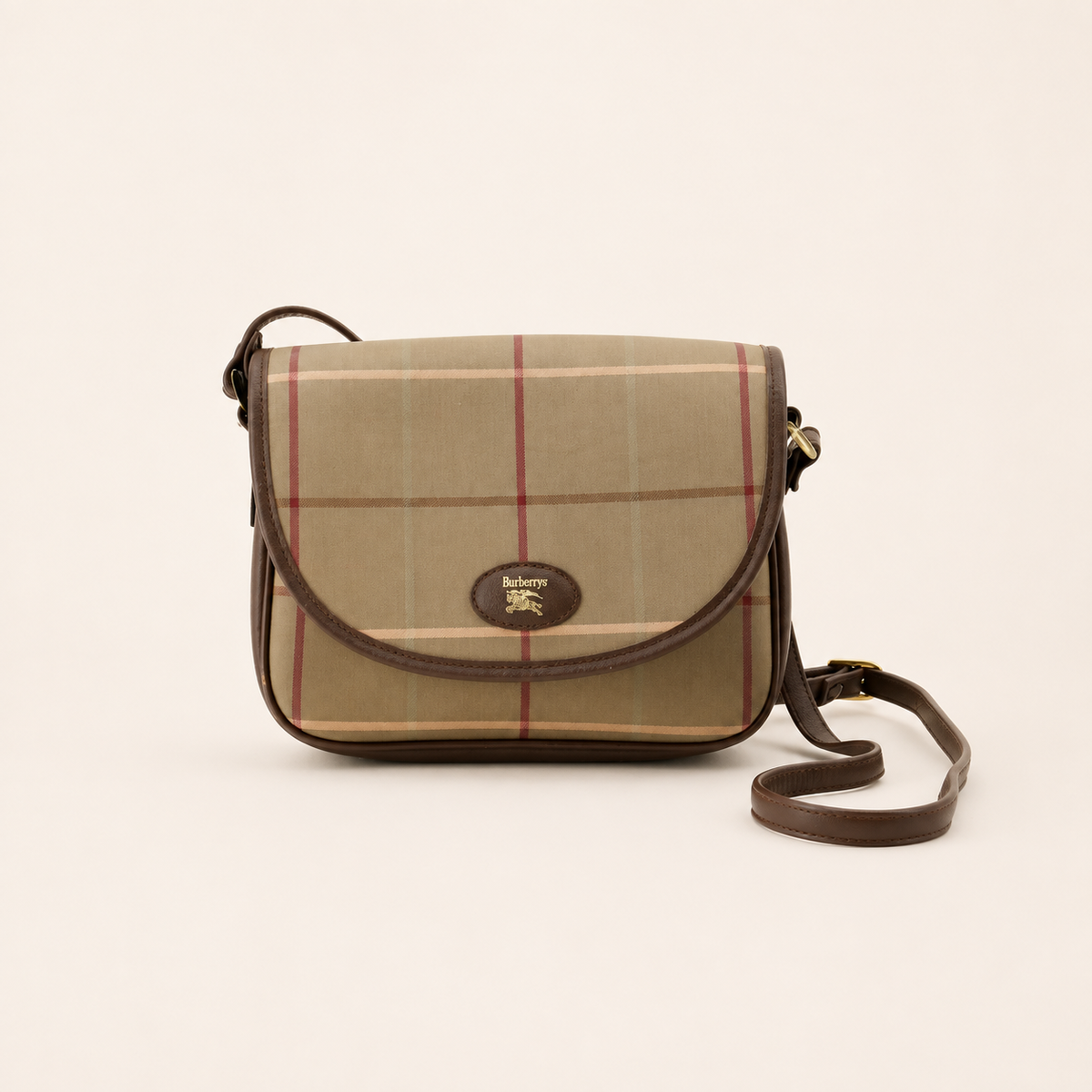 Vintage Burberrys Nova Check beige canvas and brown leather shoulder bag, front view