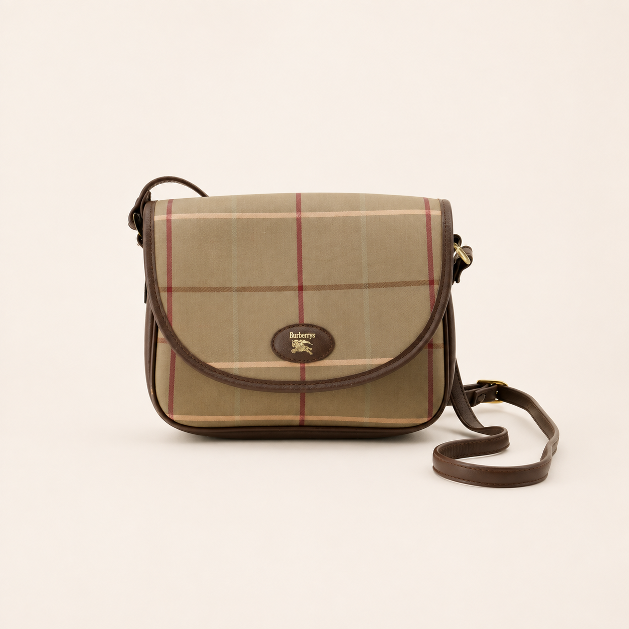 Vintage Burberrys Nova Check beige canvas and brown leather shoulder bag, front view