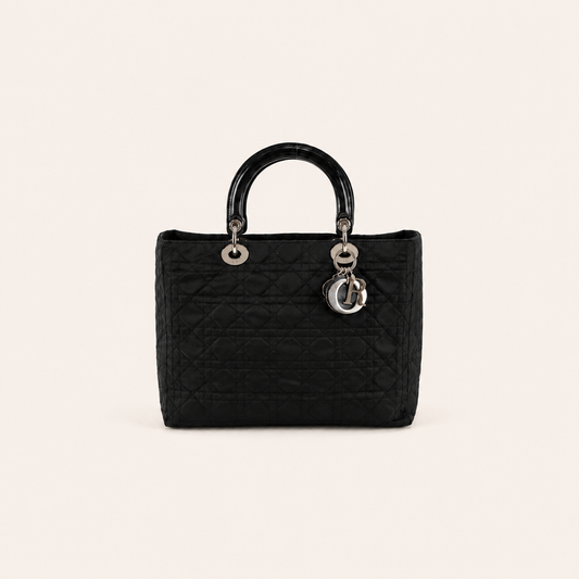 Christian Dior Vintage Black Cannage Nylon Lady Dior Handbag – vintage designer bag front cover