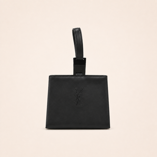 Yves Saint Laurent Vintage Cassandre Black Leather Wristlet Bag – vintage designer bag front cover
