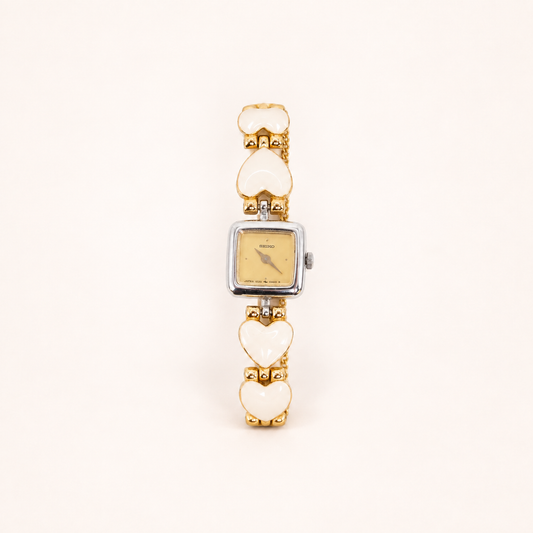 Seiko Vintage Square Dial with White Enamel Heart Link Chain Two Tone Watch – Diorella vintage product cover