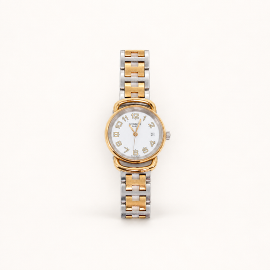 Hermes Vintage Pullman White Face with Date and H Bracelet Two Tone Watch – Diorella vintage product cover