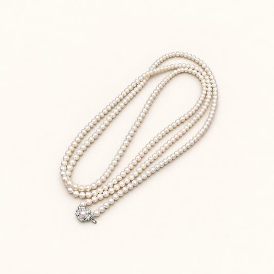 No Brand Vintage Akoya Pearl with Silver Flower Buckle Long Necklace – Diorella vintage product cover