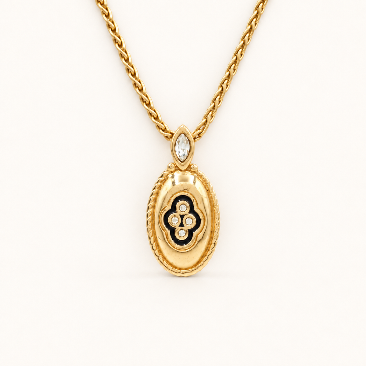 Burberry Vintage Oval Floral Motif Gold-Tone Pendant Necklace