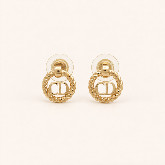 Christian Dior Vintage Rope Circle CD Logo Gold-Tone Earrings