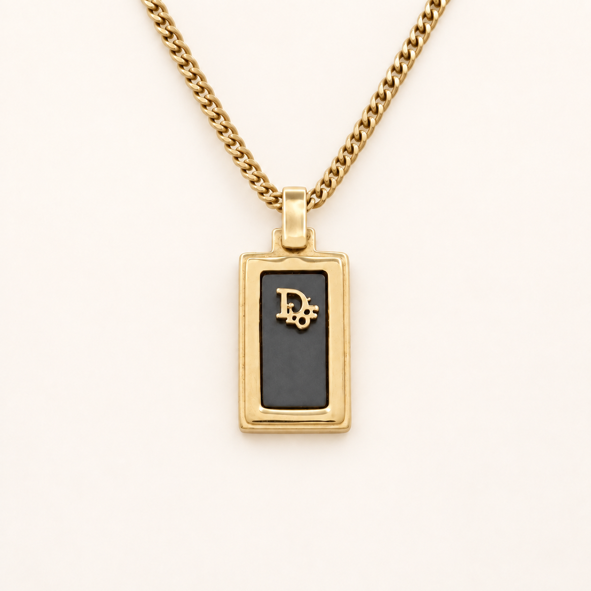 Christian Dior Vintage Black Enamel Oblong CD Logo Gold-Tone Necklace, 46cm