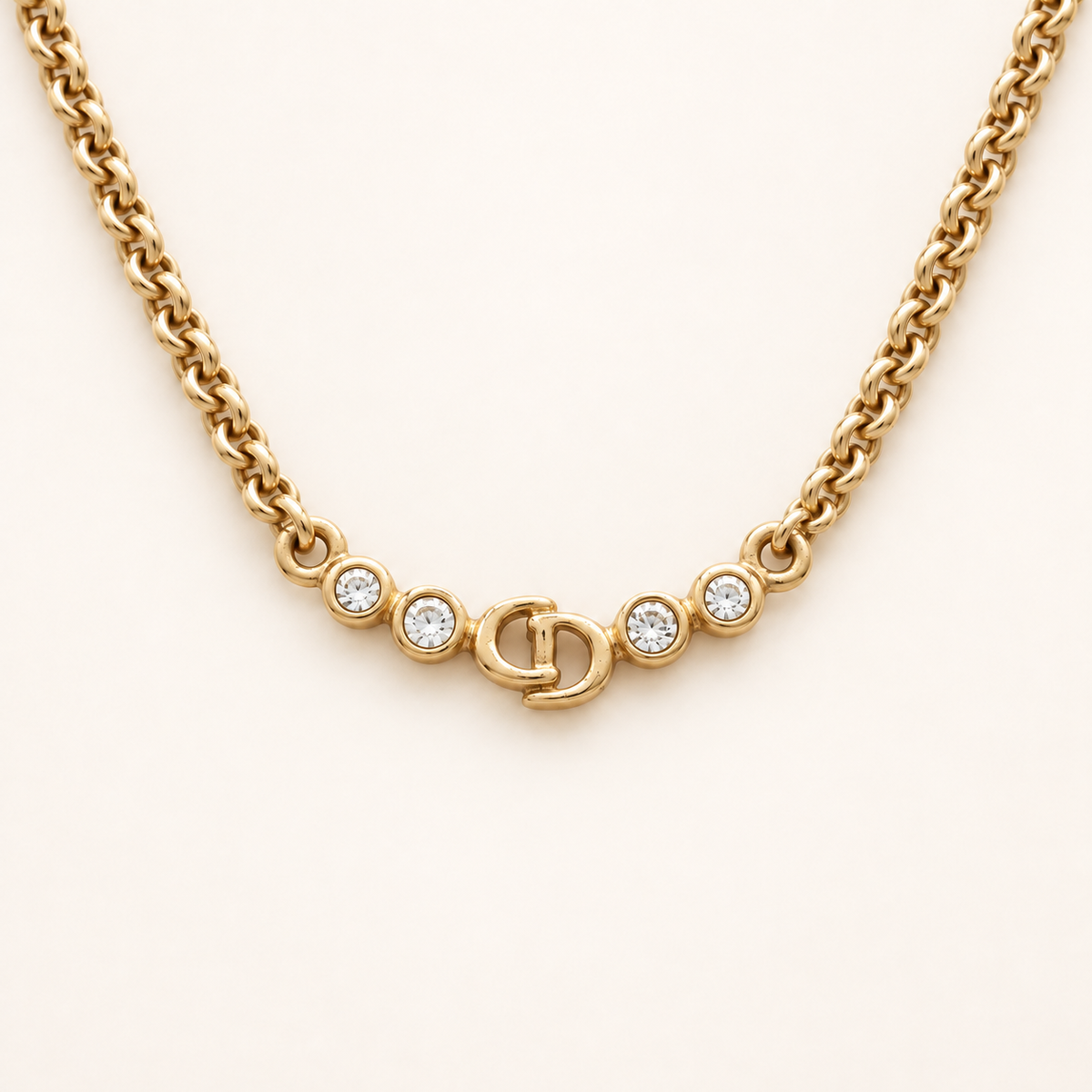 Christian Dior Vintage Rhinestone CD Station Gold-Tone Necklace