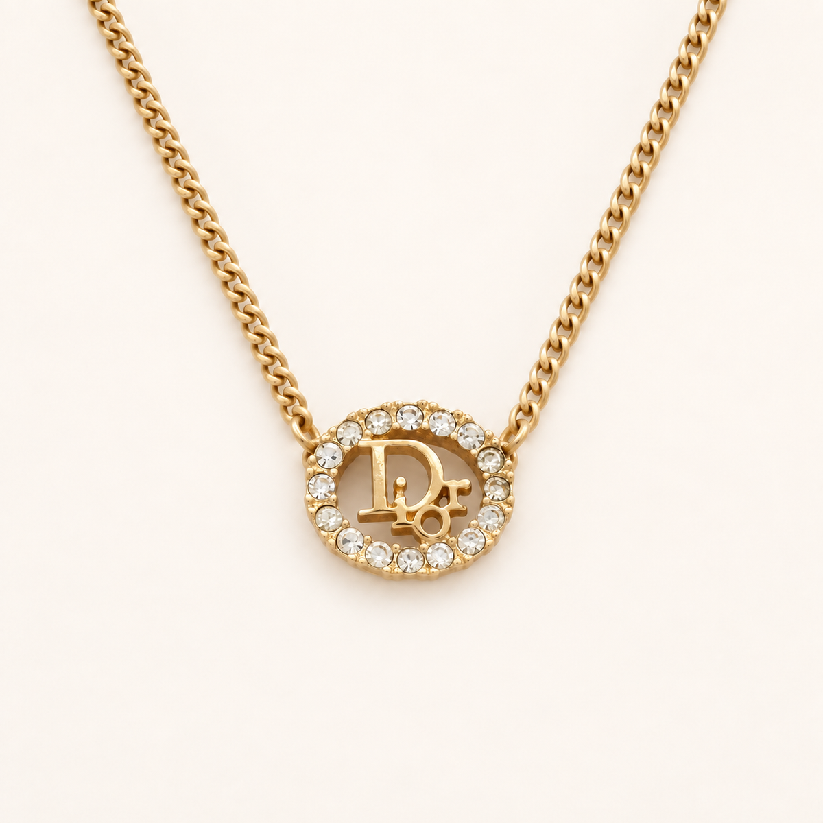 Christian Dior Vintage Round Rhinestone CD Logo Gold-Tone Necklace, 42cm