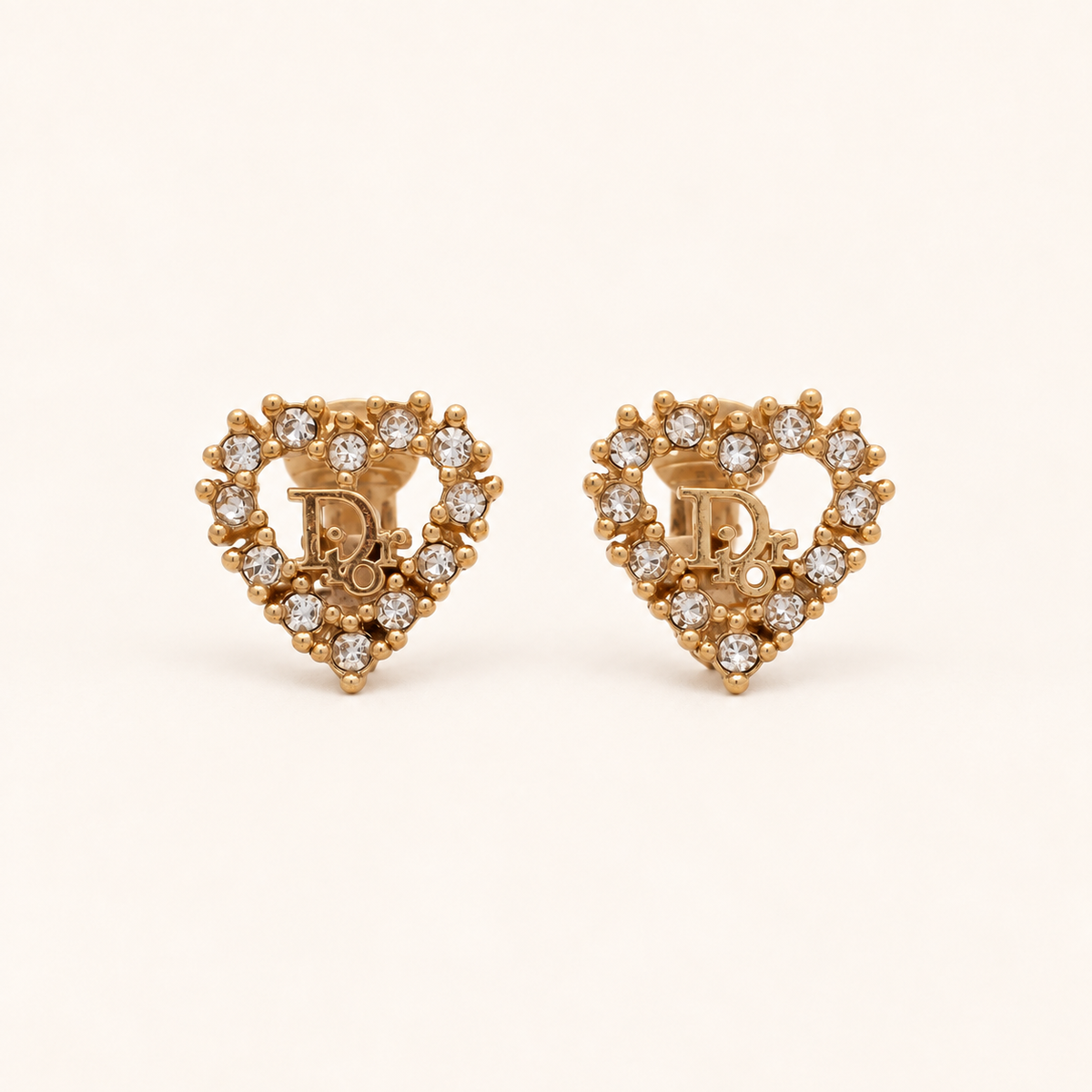 Christian Dior Vintage Heart Rhinestone CD Logo Gold-Tone Clip-On Earrings