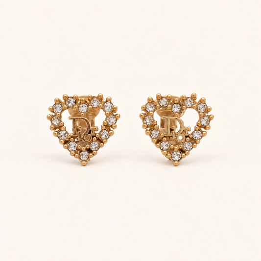 Christian Dior Vintage Heart Rhinestone CD Logo Gold-Tone Clip-On Earrings