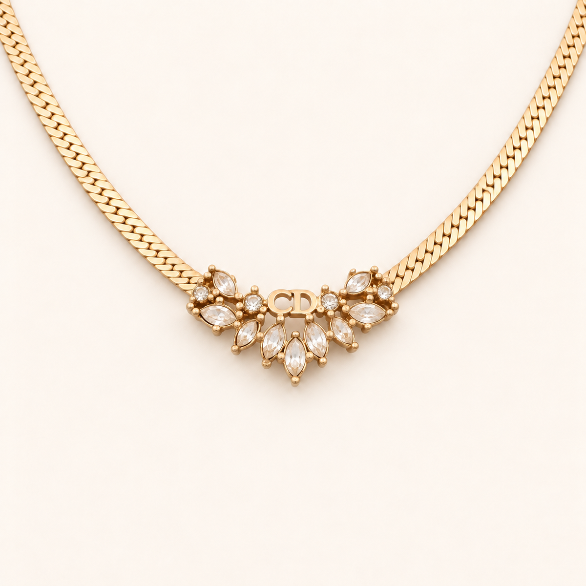 Christian Dior Vintage Rhinestone V-Motif Gold-Tone Necklace, 42cm