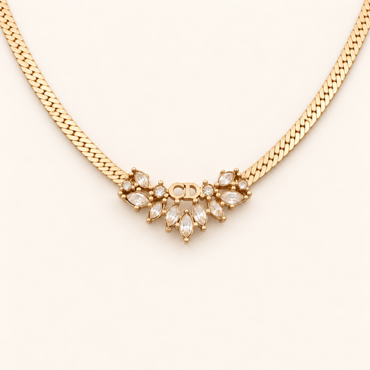 Christian Dior Vintage Rhinestone V-Motif Gold-Tone Necklace, 42cm